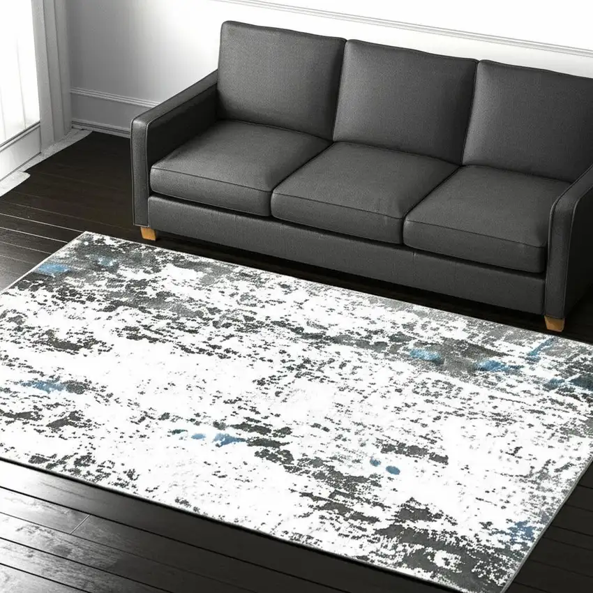 Silver Grey Charcoal And Light Blue Abstract Printed Stain Resistant Non Skid Area Rug Photo 1