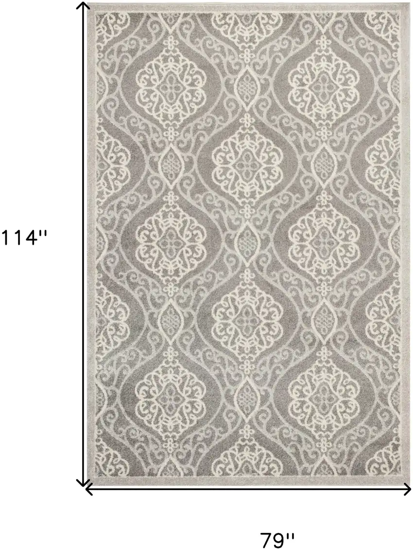 7'X10' Silver Grey Machine Woven Uv Treated Floral Ogee Indoor Outdoor Area Rug Photo 7