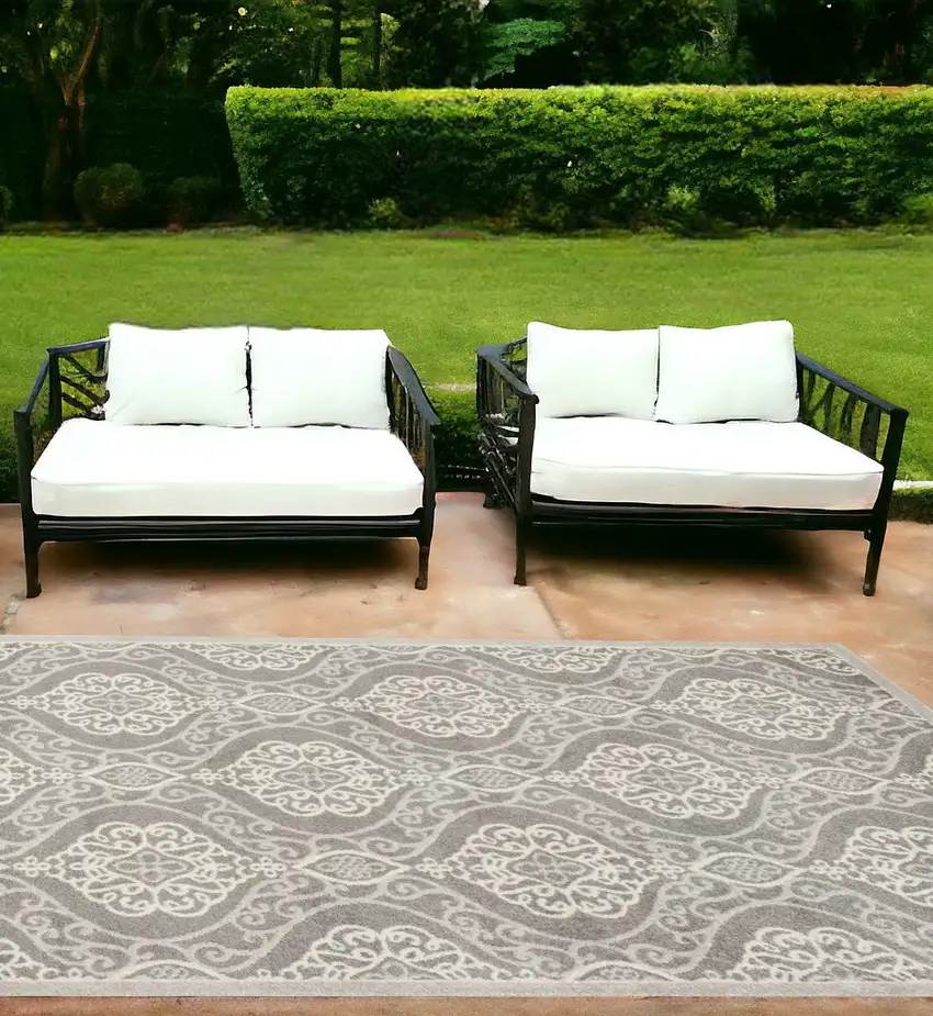 7'X10' Silver Grey Machine Woven Uv Treated Floral Ogee Indoor Outdoor Area Rug Photo 1