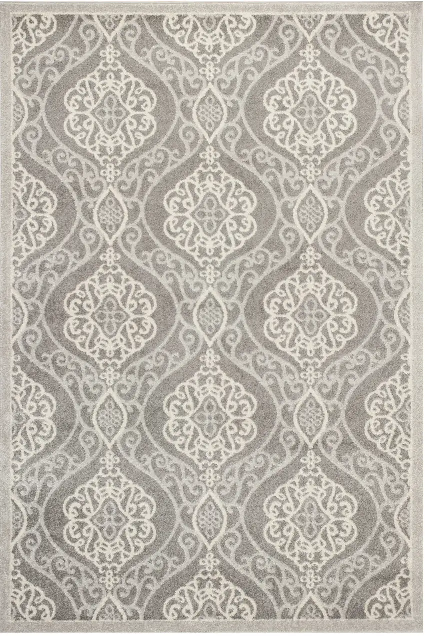 7'X10' Silver Grey Machine Woven Uv Treated Floral Ogee Indoor Outdoor Area Rug Photo 1