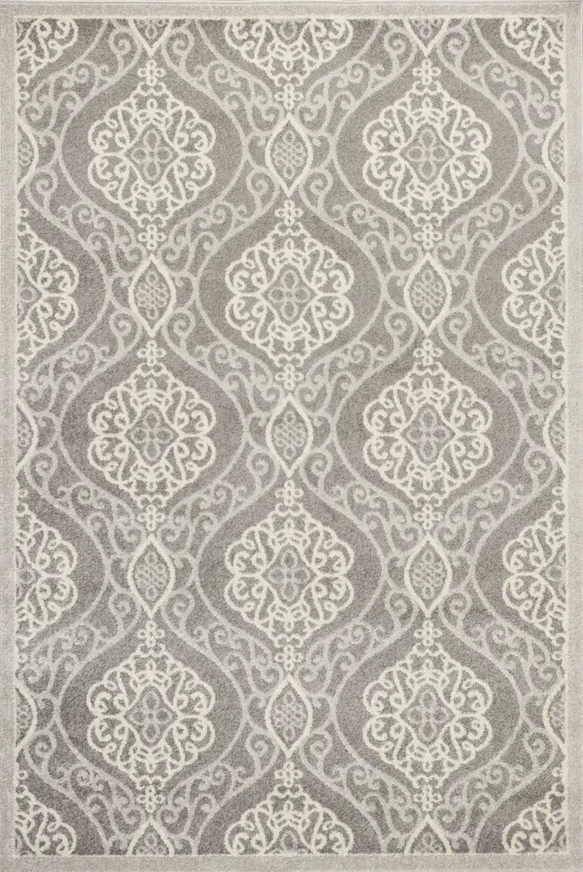 Silver Grey Machine Woven UV Treated Floral Ogee Indoor Outdoor Area Rug Photo 1