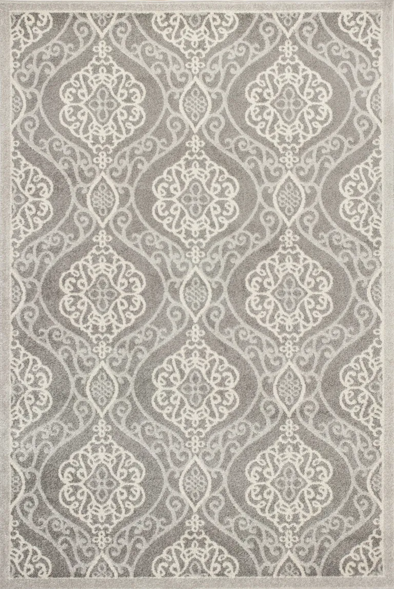 Silver Grey Machine Woven UV Treated Floral Ogee Indoor Outdoor Area Rug Photo 1