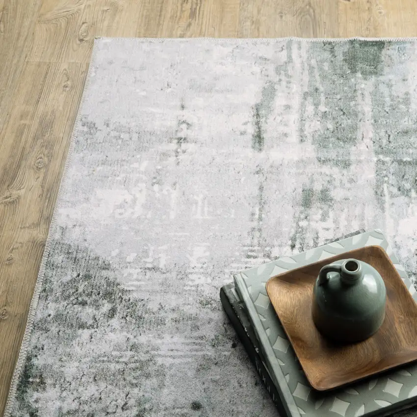 Silver Grey Teal Blue And Charcoal Abstract Printed Stain Resistant Non Skid Area Rug Photo 6