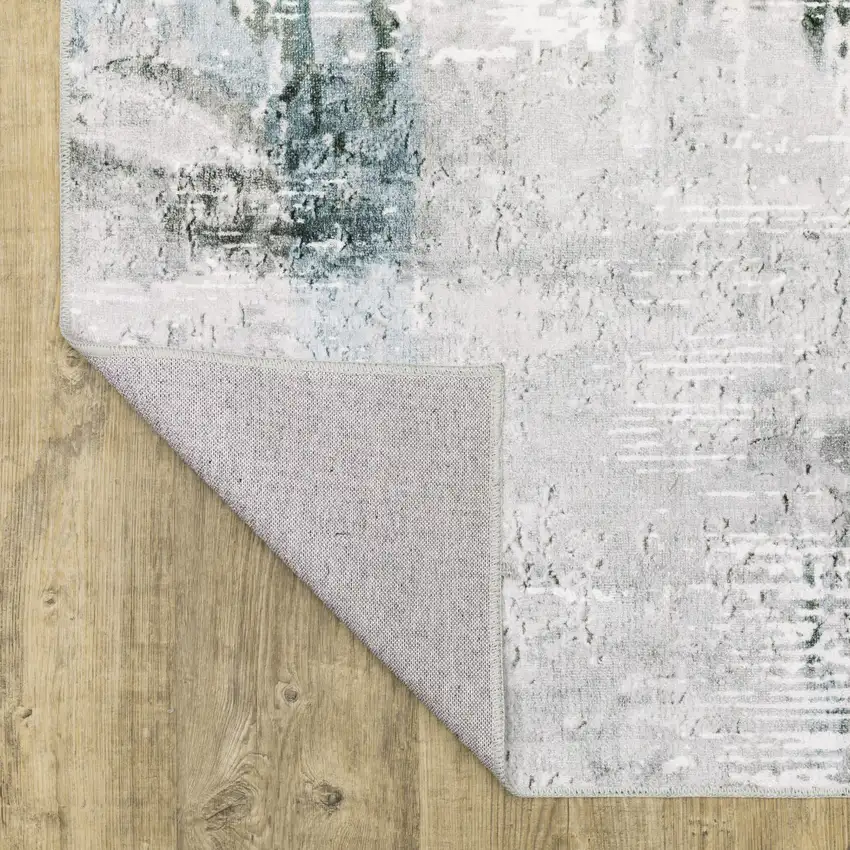 Silver Grey Teal Blue And Charcoal Abstract Printed Stain Resistant Non Skid Area Rug Photo 7