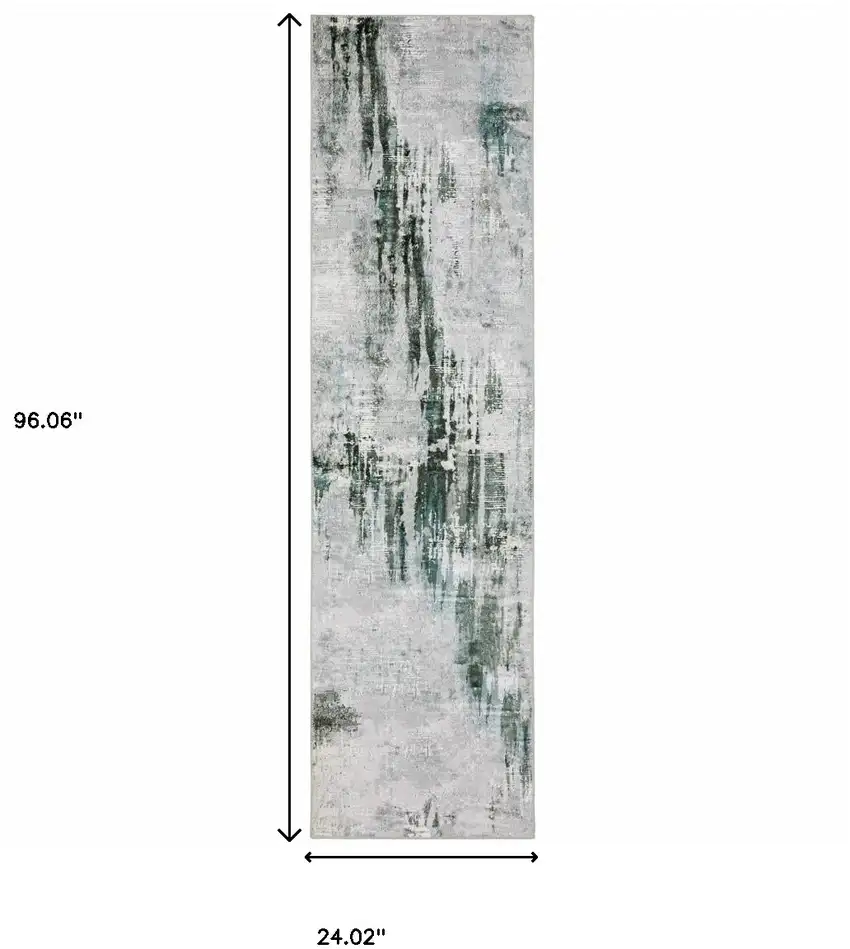 Silver Grey Teal Blue And Charcoal Abstract Printed Stain Resistant Non Skid Runner Rug Photo 9