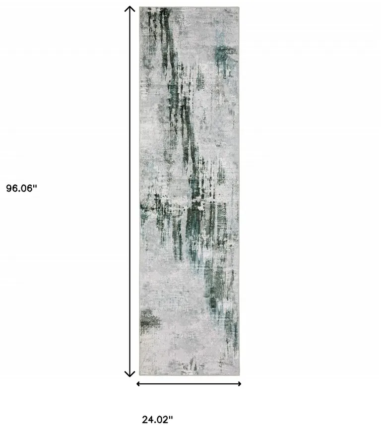 Silver Grey Teal Blue And Charcoal Abstract Printed Stain Resistant Non Skid Runner Rug Photo 3