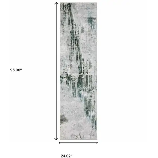 Silver Grey Teal Blue And Charcoal Abstract Printed Stain Resistant Non Skid Runner Rug Photo 3