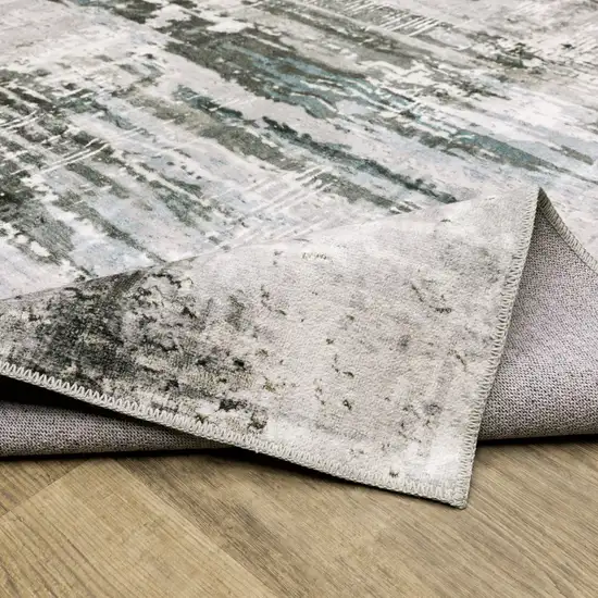 Silver Grey Teal Blue And Charcoal Abstract Printed Stain Resistant Non Skid Runner Rug Photo 8