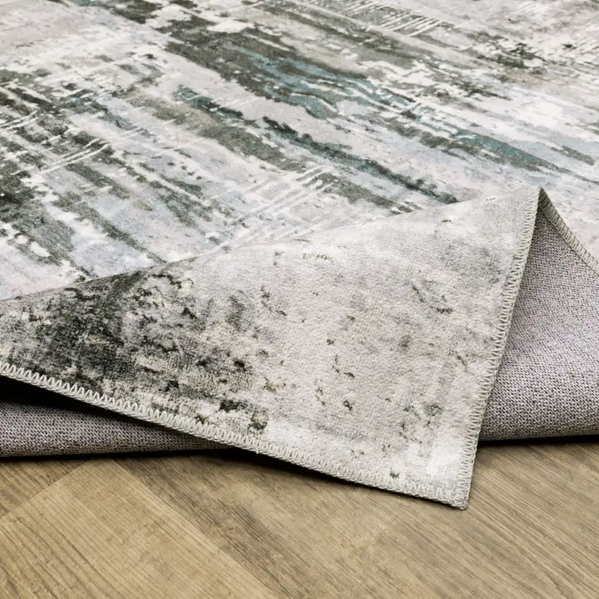 Silver Grey Teal Blue And Charcoal Abstract Printed Stain Resistant Non Skid Runner Rug Photo 8