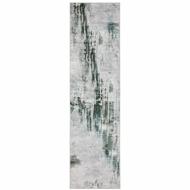 Silver Grey Teal Blue And Charcoal Abstract Printed Stain Resistant Non Skid Runner Rug Photo 2