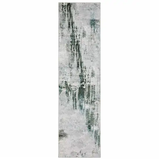 Silver Grey Teal Blue And Charcoal Abstract Printed Stain Resistant Non Skid Runner Rug Photo 2