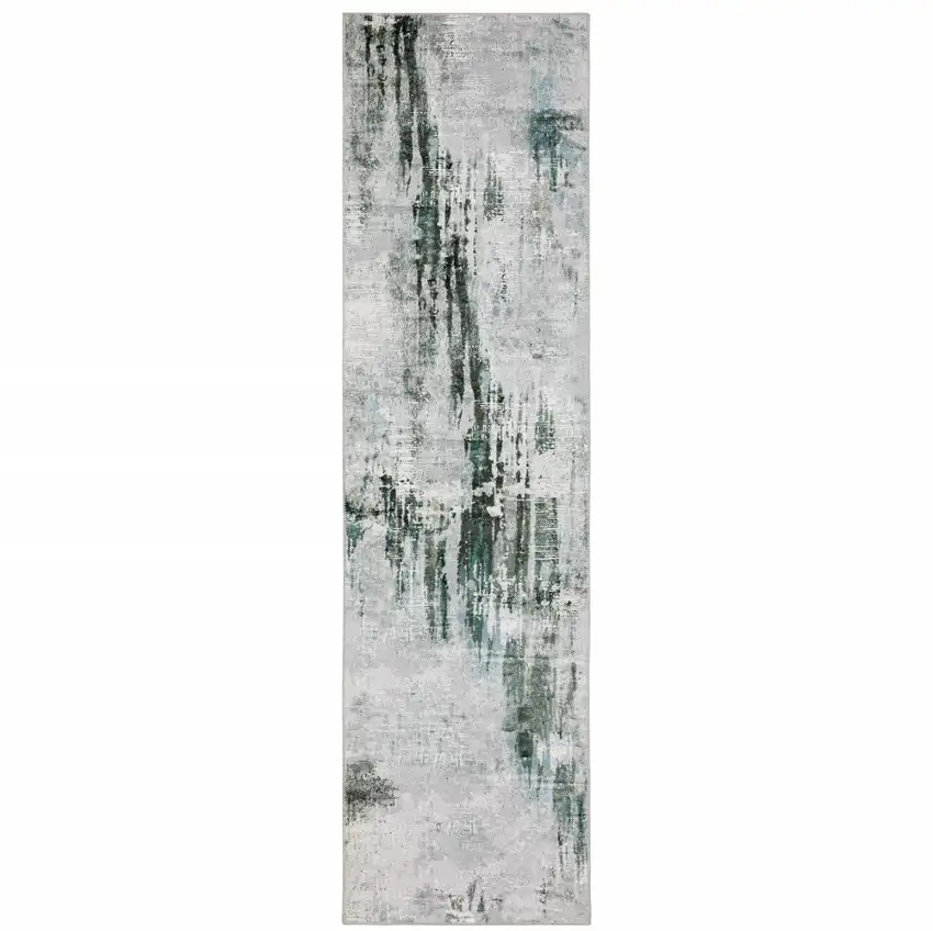 Silver Grey Teal Blue And Charcoal Abstract Printed Stain Resistant Non Skid Runner Rug Photo 2
