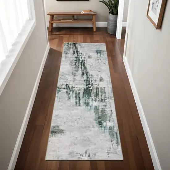 Silver Grey Teal Blue And Charcoal Abstract Printed Stain Resistant Non Skid Runner Rug Photo 1