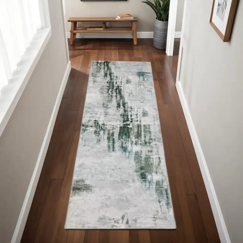 Silver Grey Teal Blue And Charcoal Abstract Printed Stain Resistant Non Skid Runner Rug Photo 1
