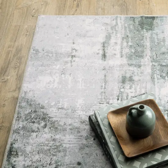 Silver Grey Teal Blue And Charcoal Abstract Printed Stain Resistant Non Skid Runner Rug Photo 6