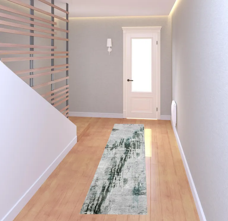 Silver Grey Teal Blue And Charcoal Abstract Printed Stain Resistant Non Skid Runner Rug Photo 2