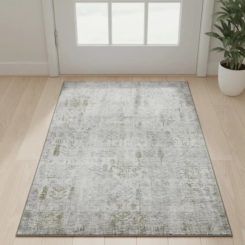 Silver Ivory And Beige Floral Washable Area Rug With UV Protection Photo 2