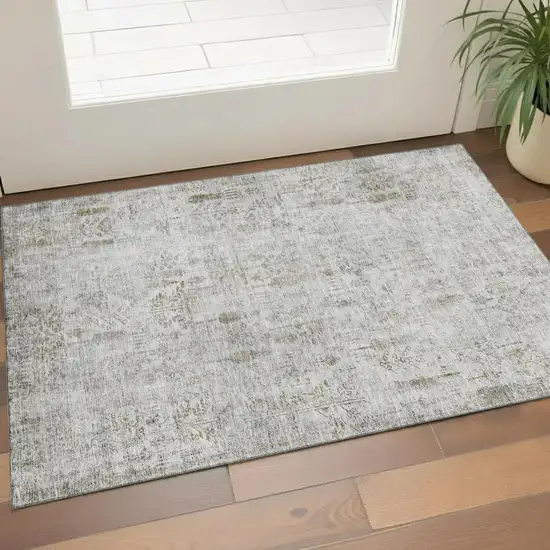 Silver Ivory And Beige Floral Washable Area Rug With UV Protection Photo 1