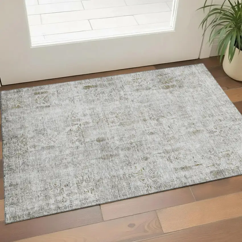 Silver Ivory And Beige Floral Washable Area Rug With UV Protection Photo 1