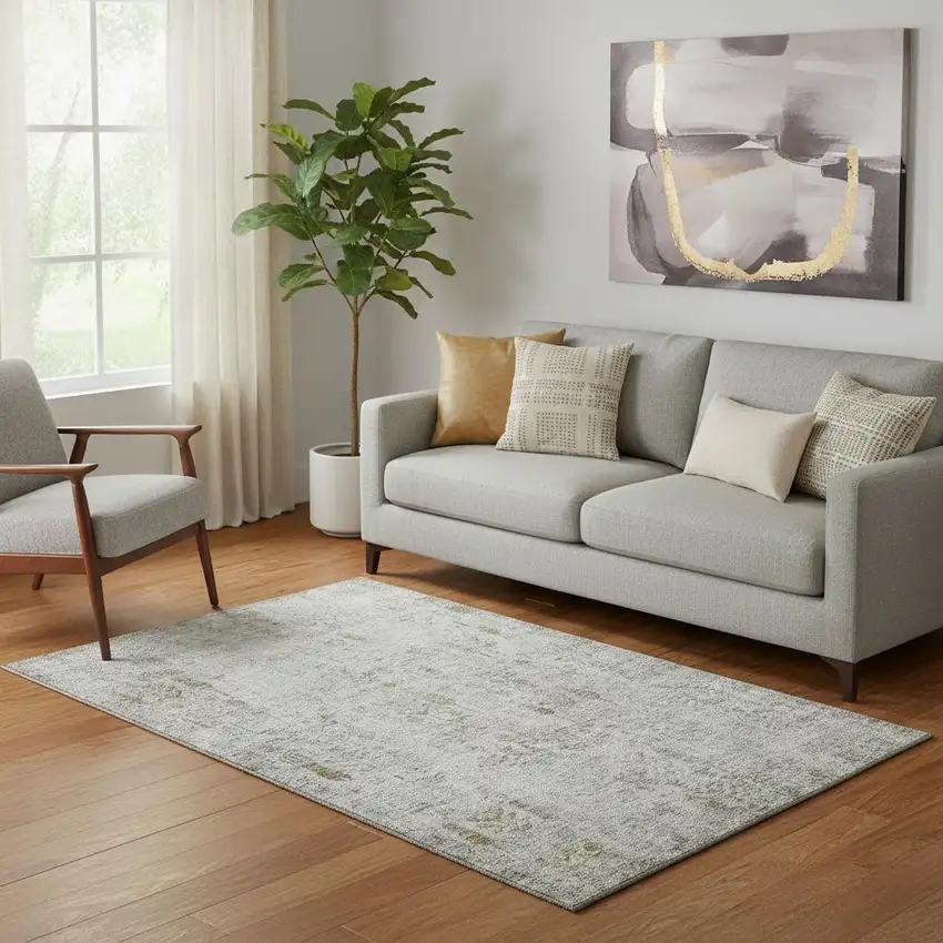 Silver Ivory And Beige Floral Washable Area Rug With UV Protection Photo 2