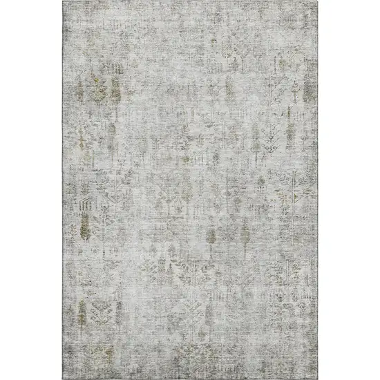 Silver Ivory And Beige Floral Washable Area Rug With UV Protection Photo 1