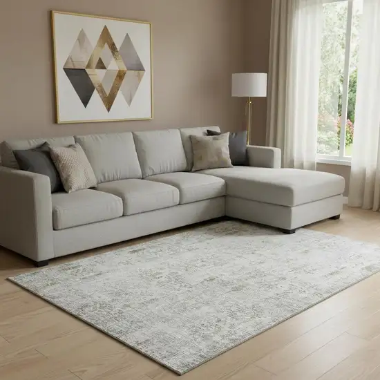 Silver Ivory And Beige Floral Washable Area Rug With UV Protection Photo 2