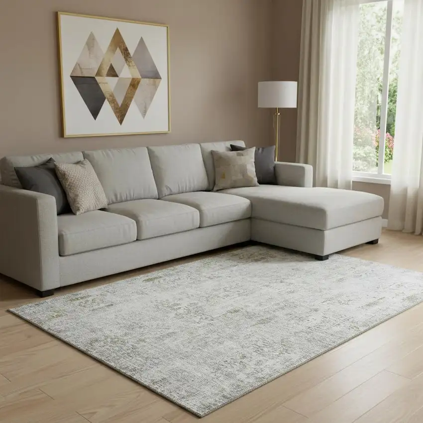 Silver Ivory And Beige Floral Washable Area Rug With UV Protection Photo 2