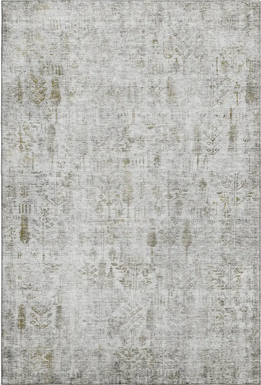 Silver Ivory And Beige Floral Washable Area Rug With UV Protection Photo 1