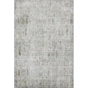 Photo of Silver Ivory And Beige Floral Washable Area Rug With UV Protection