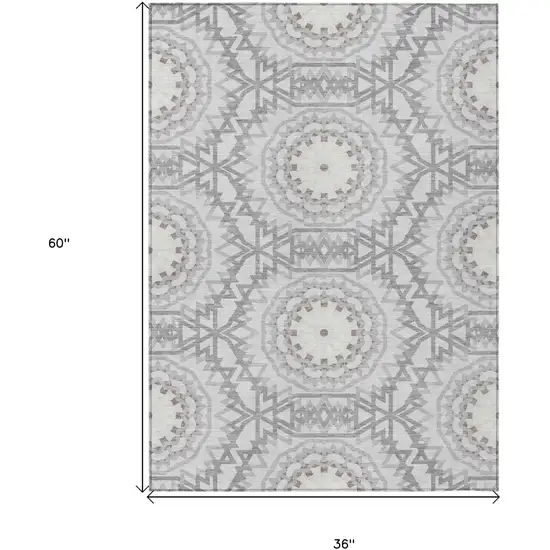 Silver Ivory And Gray Floral Medallion Washable Indoor Outdoor Area Rug Photo 3