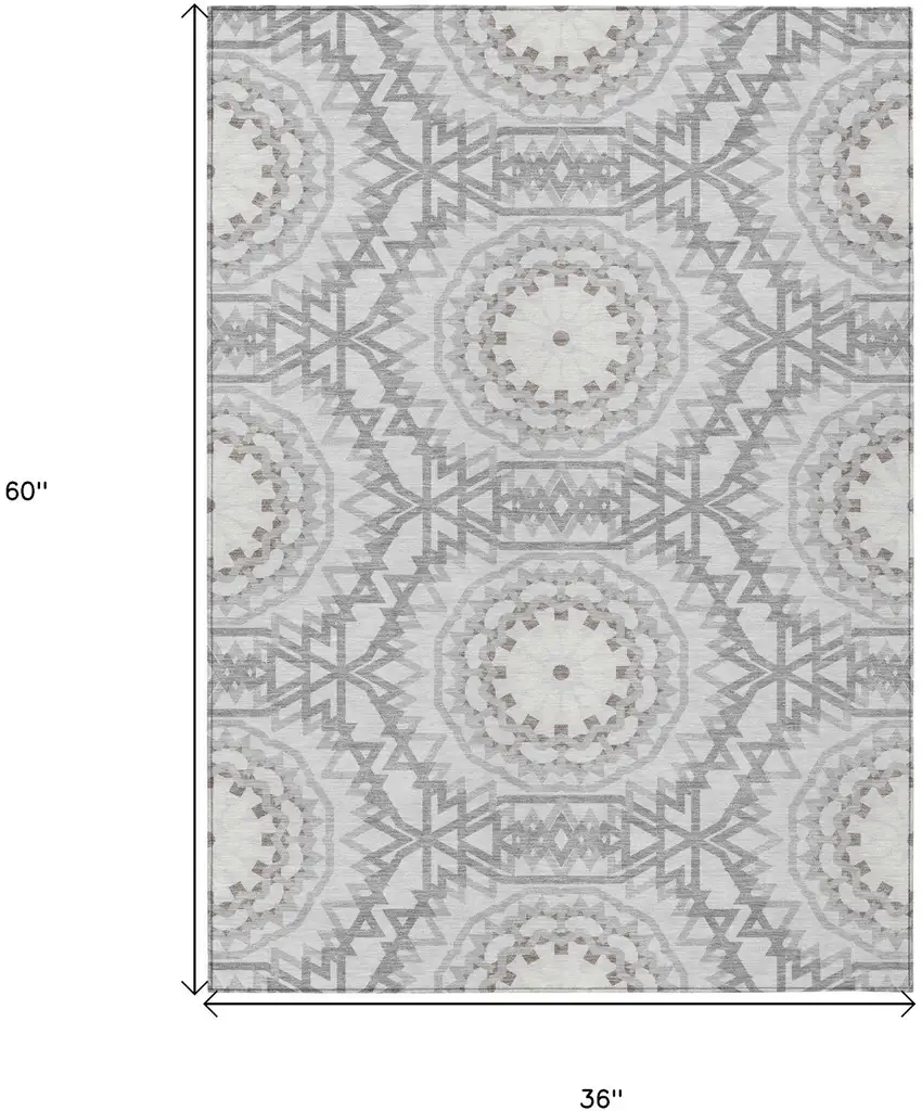 Silver Ivory And Gray Floral Medallion Washable Indoor Outdoor Area Rug Photo 3