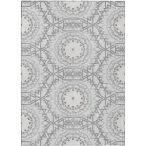 Photo of Silver Ivory And Gray Floral Medallion Washable Indoor Outdoor Area Rug