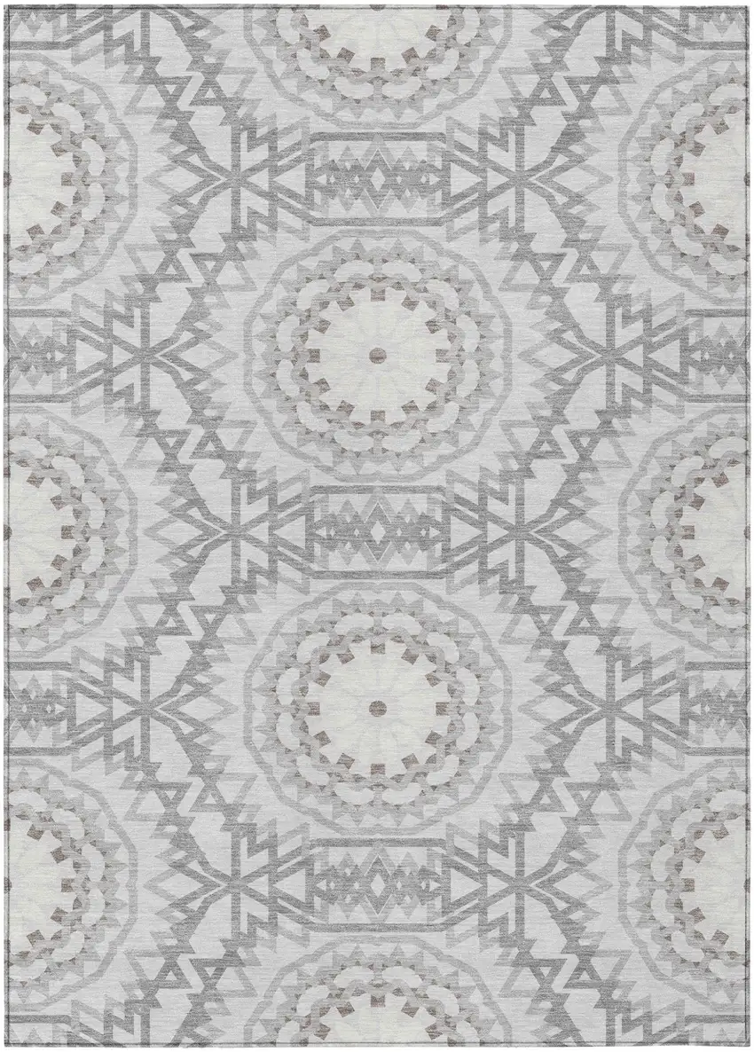 Silver Ivory And Gray Floral Medallion Washable Indoor Outdoor Area Rug Photo 2
