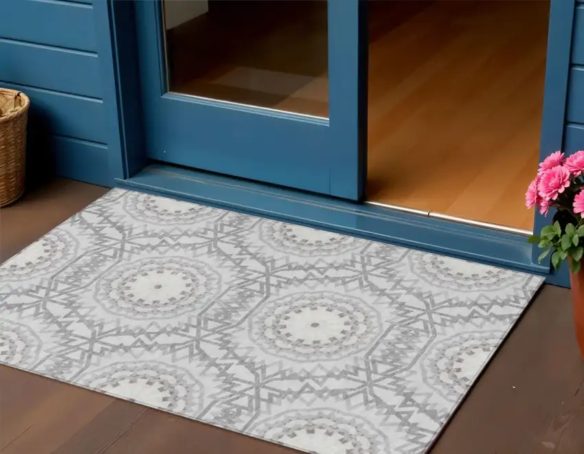 Silver Ivory And Gray Floral Medallion Washable Indoor Outdoor Area Rug Photo 1