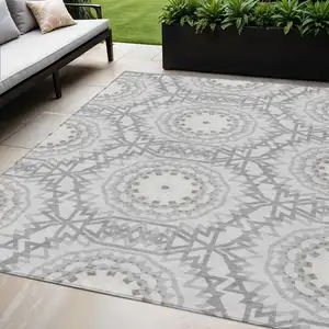 Photo of Silver Ivory And Gray Floral Medallion Washable Indoor Outdoor Area Rug