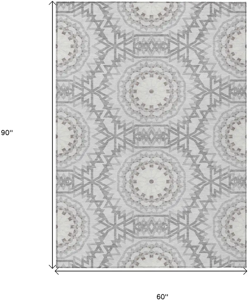 Silver Ivory And Gray Floral Medallion Washable Indoor Outdoor Area Rug Photo 3