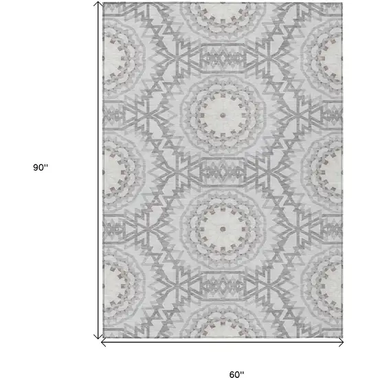 Silver Ivory And Gray Floral Medallion Washable Indoor Outdoor Area Rug Photo 3
