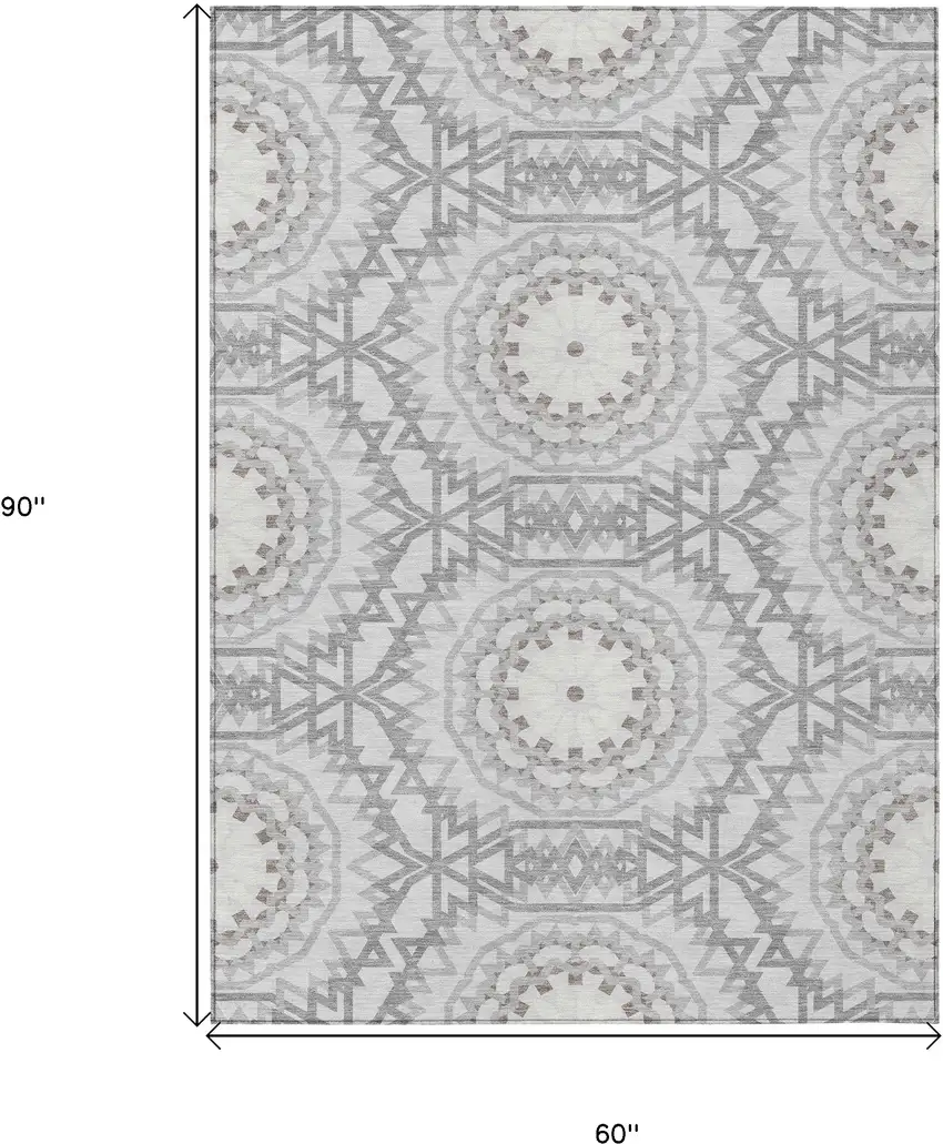 Silver Ivory And Gray Floral Medallion Washable Indoor Outdoor Area Rug Photo 3