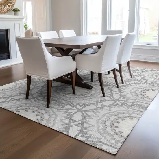 Silver Ivory And Gray Floral Medallion Washable Indoor Outdoor Area Rug Photo 8