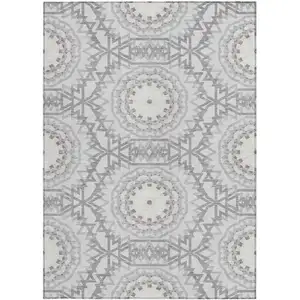 Photo of Silver Ivory And Gray Floral Medallion Washable Indoor Outdoor Area Rug