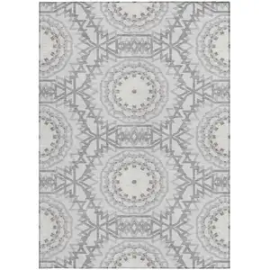 Photo of Silver Ivory And Gray Floral Medallion Washable Indoor Outdoor Area Rug