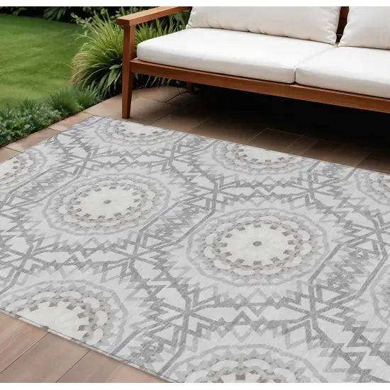 Silver Ivory And Gray Floral Medallion Washable Indoor Outdoor Area Rug Photo 1