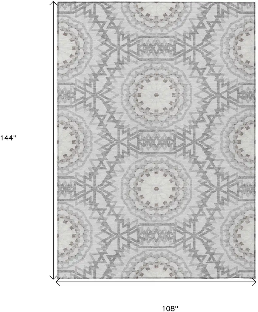 Silver Ivory And Gray Floral Medallion Washable Indoor Outdoor Area Rug Photo 3