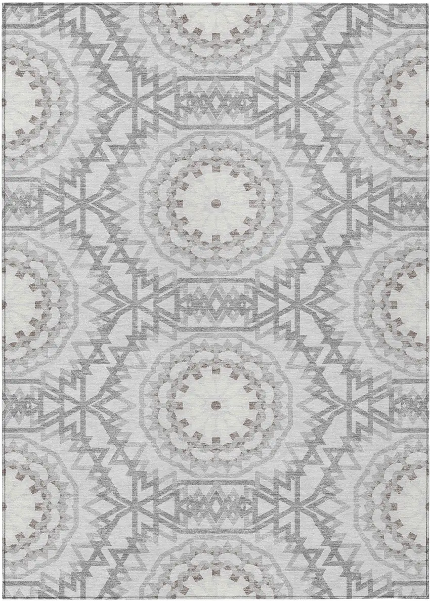 Silver Ivory And Gray Floral Medallion Washable Indoor Outdoor Area Rug Photo 2