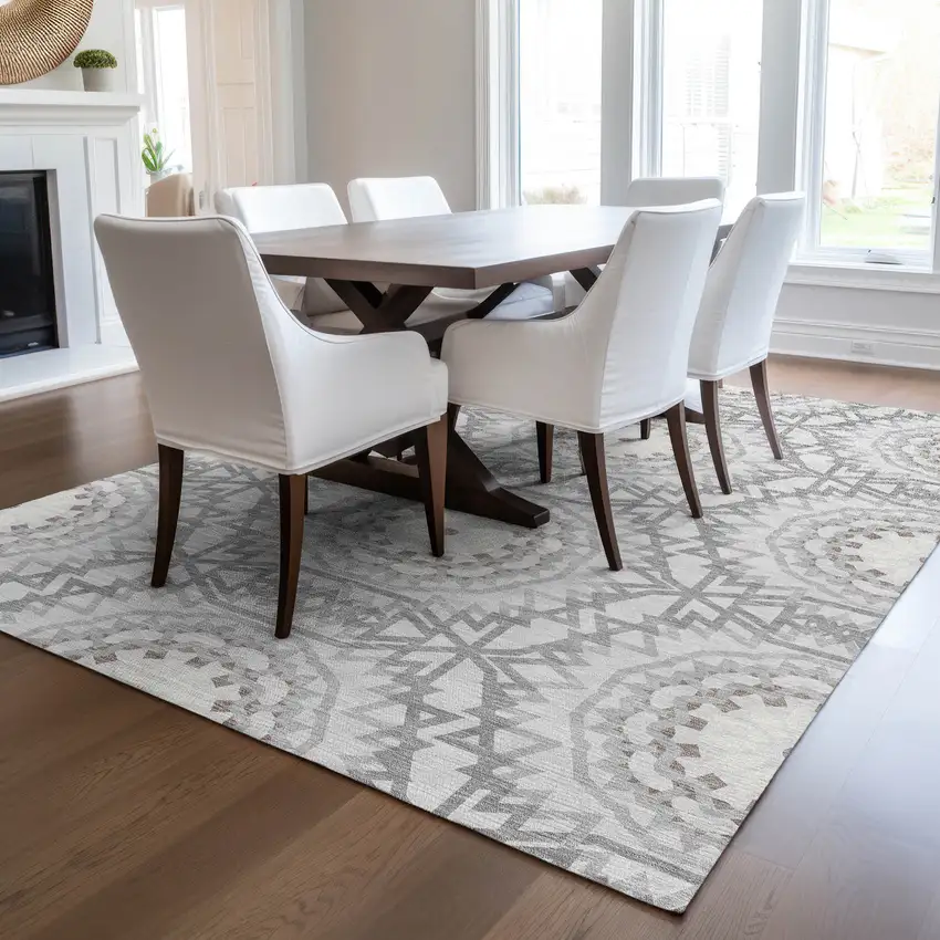 Silver Ivory And Gray Floral Medallion Washable Indoor Outdoor Area Rug Photo 8