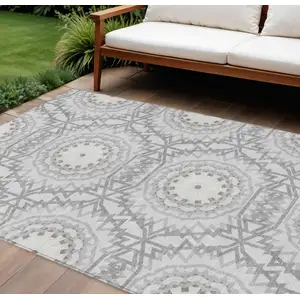 Photo of Silver Ivory And Gray Floral Medallion Washable Indoor Outdoor Area Rug