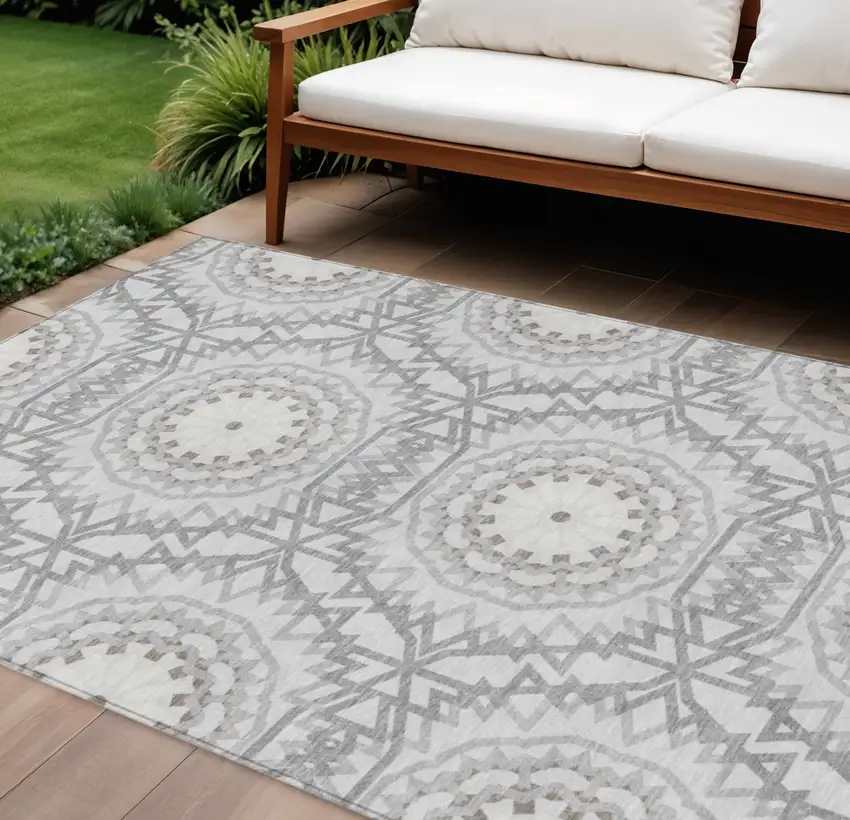 Silver Ivory And Gray Floral Medallion Washable Indoor Outdoor Area Rug Photo 1