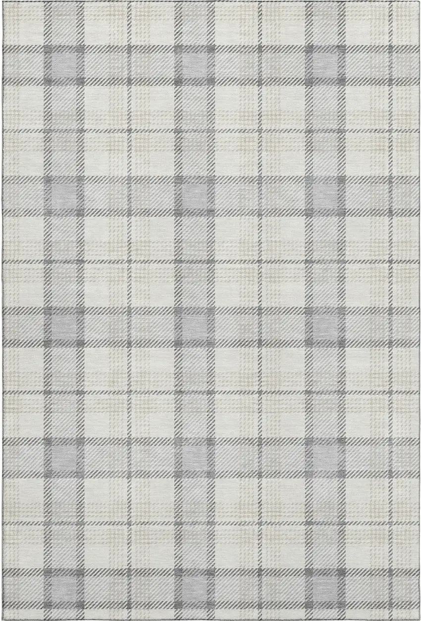 Silver Ivory And Gray Plaid Washable Area Rug With UV Protection Photo 1