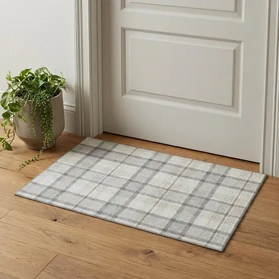 Silver Ivory And Gray Plaid Washable Area Rug With UV Protection Photo 1