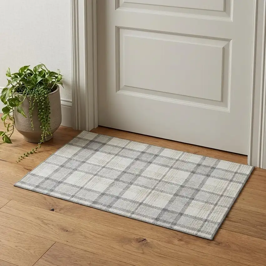 Silver Ivory And Gray Plaid Washable Area Rug With UV Protection Photo 1